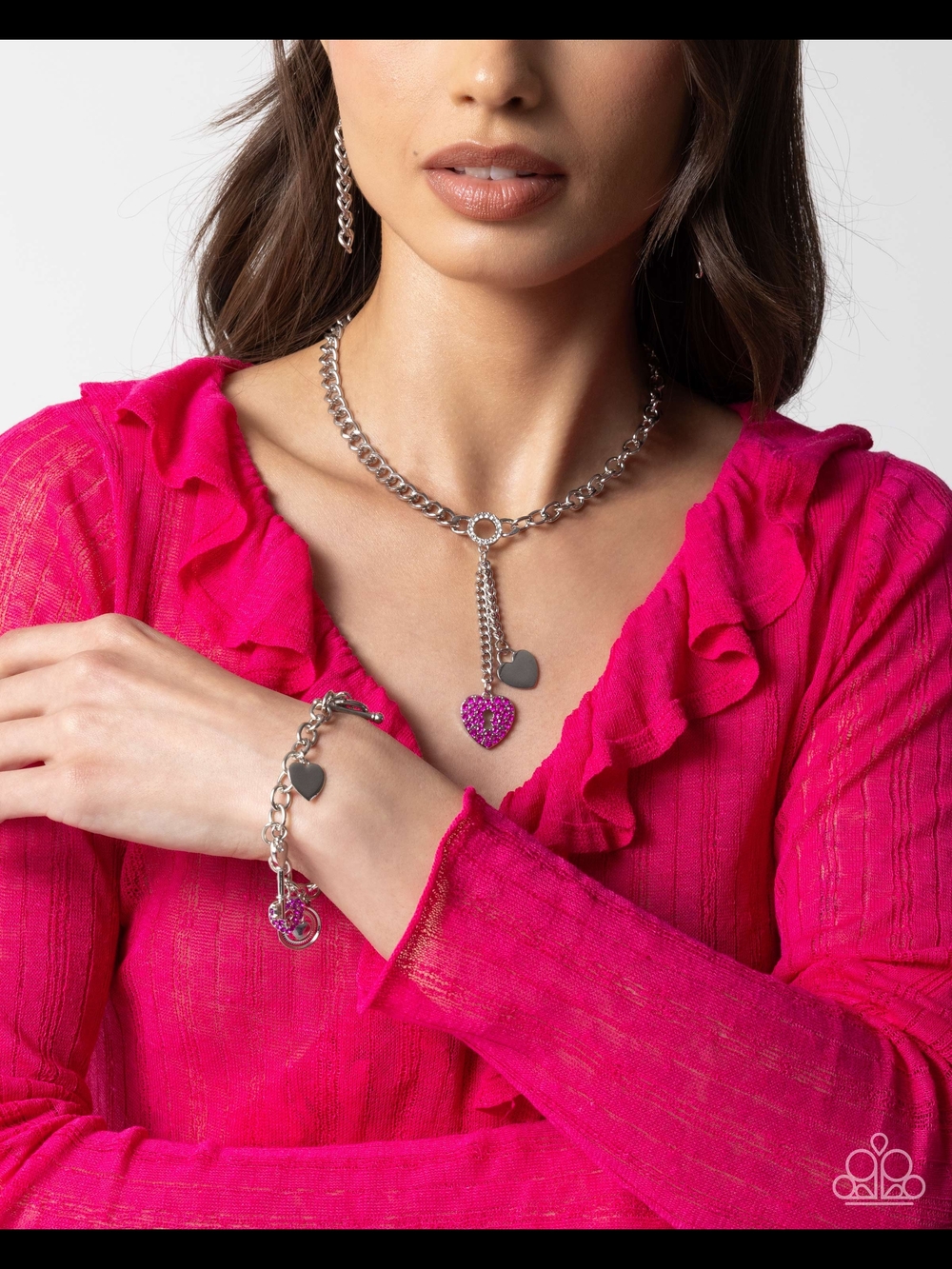 paparazzi Silver-Tone Dainty Heart Lariat Necklace & Charm Bracelet - Hot Pink